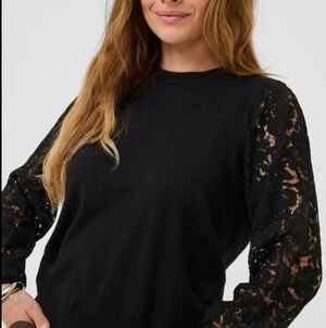 Adrianna Papell Black Sheer Lace Sleeve Round Neck Long Sleeve Sweater Size S